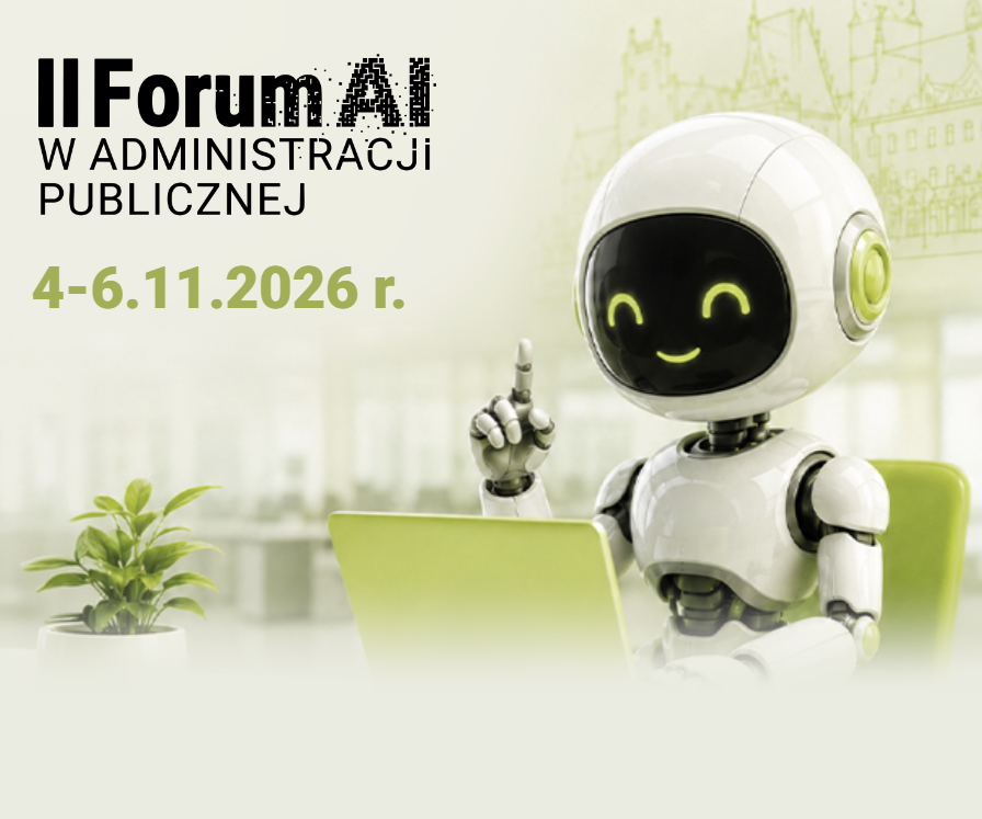 II Forum AI w Administracji Publicznej, 4–6 listopada 2026 r. — ilustracja z robotem przy laptopie