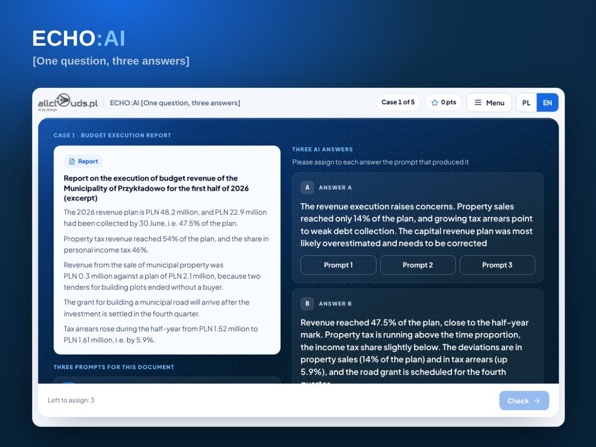 ECHO:AI round screen: document, three prompts and answers A, B and C