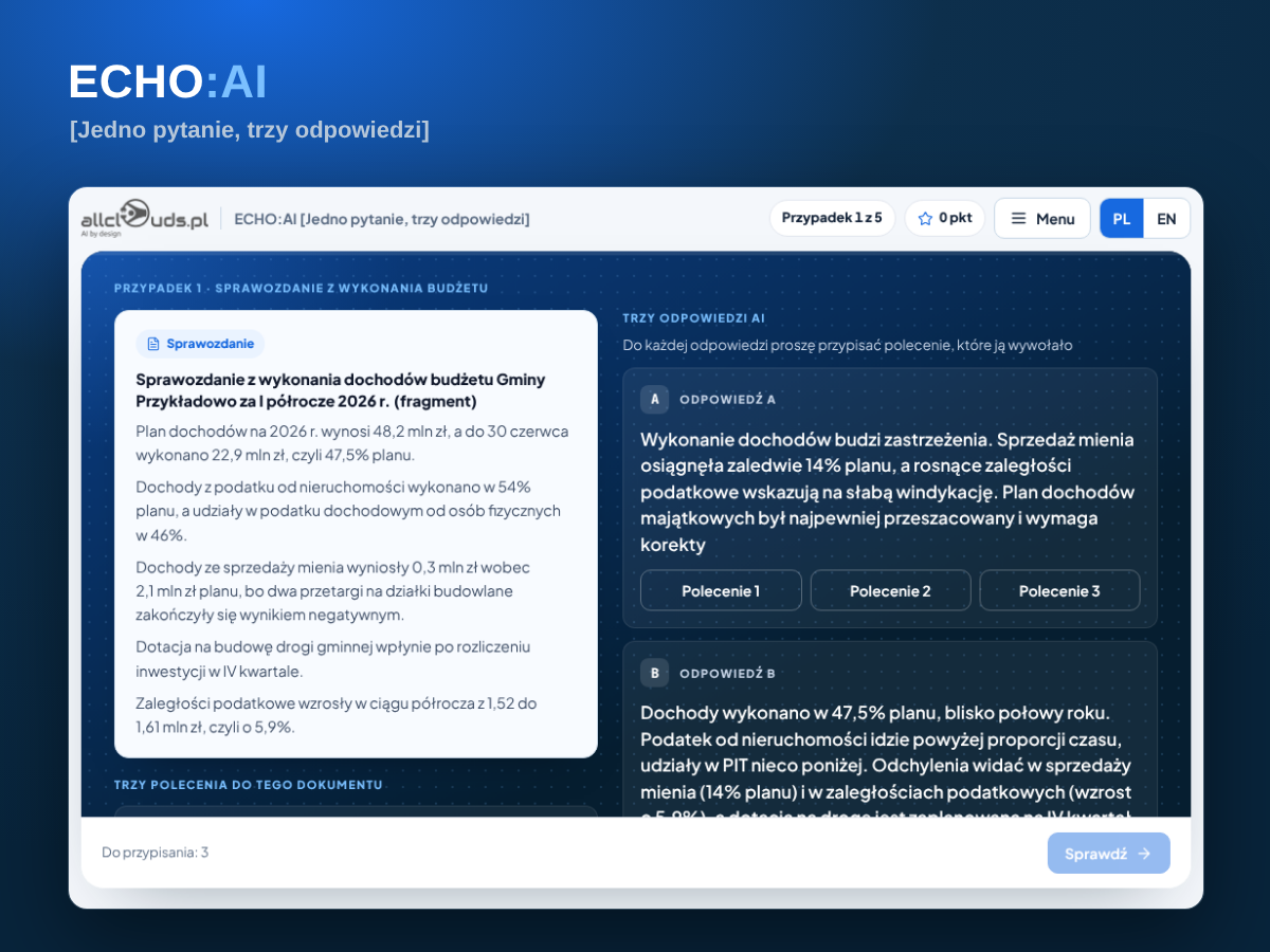 Ekran rundy gry ECHO:AI: dokument, trzy polecenia i odpowiedzi A, B i C